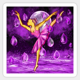 Ballerina dancing by the Full moon in the purple rain, midnight landscape with raindrops falling into Water Sticker